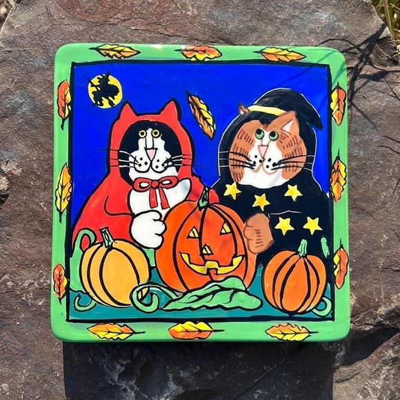 Cats Halloween Decorative Tile Glazed Candace Reiter Catzilia Cats Pumpkin - Picture 1 of 2